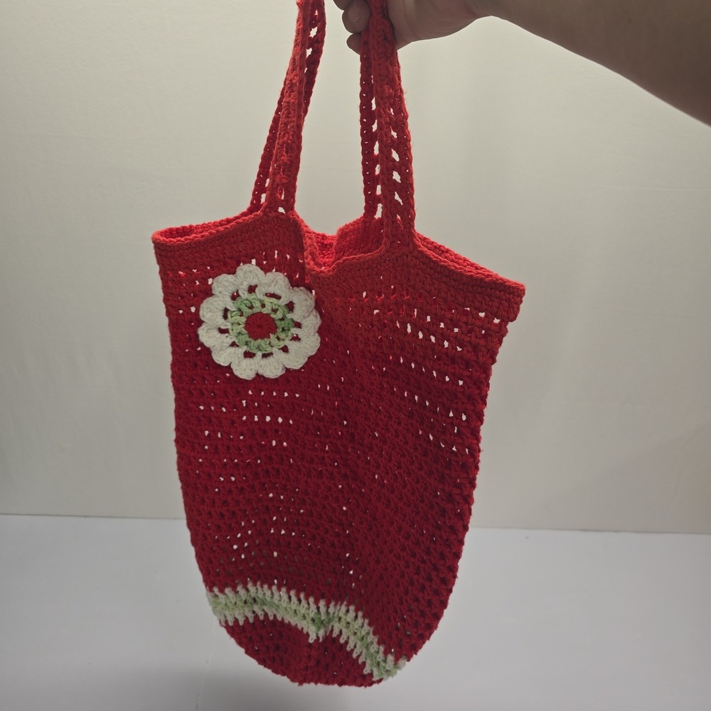 Handmade Crochet Market Tote Bag Red Green White Flower Fruit Aesthetic Boho - Picture 3 of 4